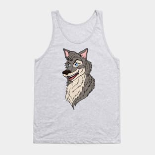 Expressive Grinning Mischievous Wolf Cartoon Head Tank Top